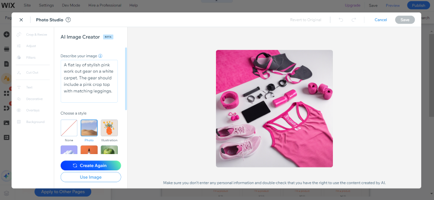 Wix AI Image Creator Screenshot of a gym wear photo generated by Wix's AI.