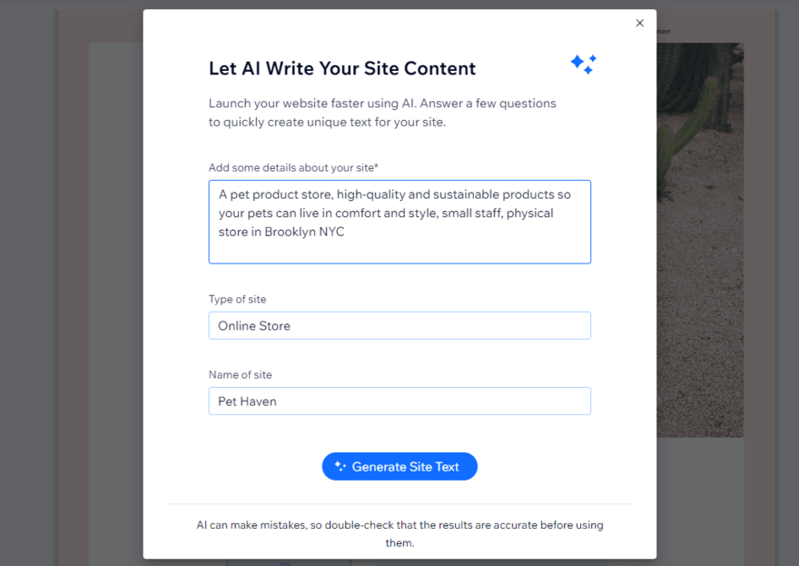 Wix AI site content Pop up prompt box for AI-generated site content