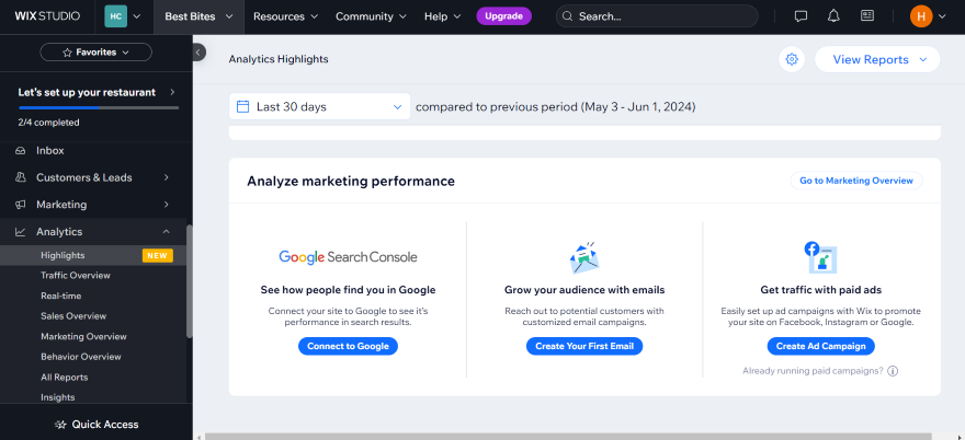 Wix Analytics Google Search Console Screenshot of Wix dashboard highlighting the analytics section, showcasing marketing performance tools and engagement features.