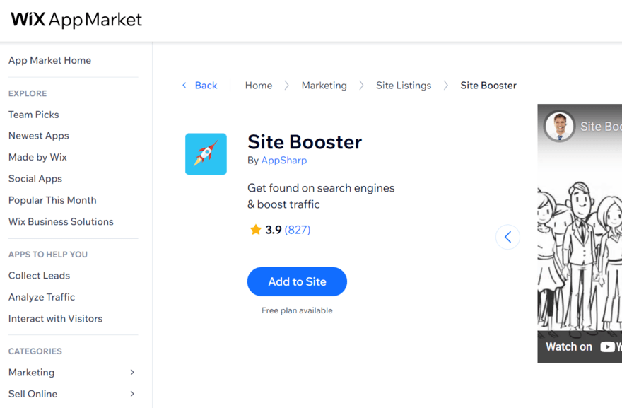 Wix app market Wix app market showing a page for the app: Site Booster