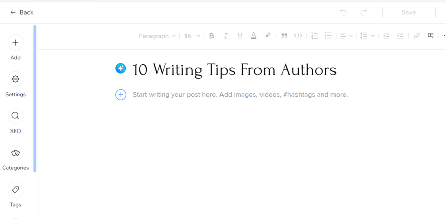 Wix blog post New blog post in Wix's website builder