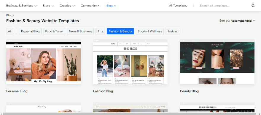 Wix Blogging Templates Screenshot of Wix Fashion and Beauty Website Templates page showing a selection of blog design options.