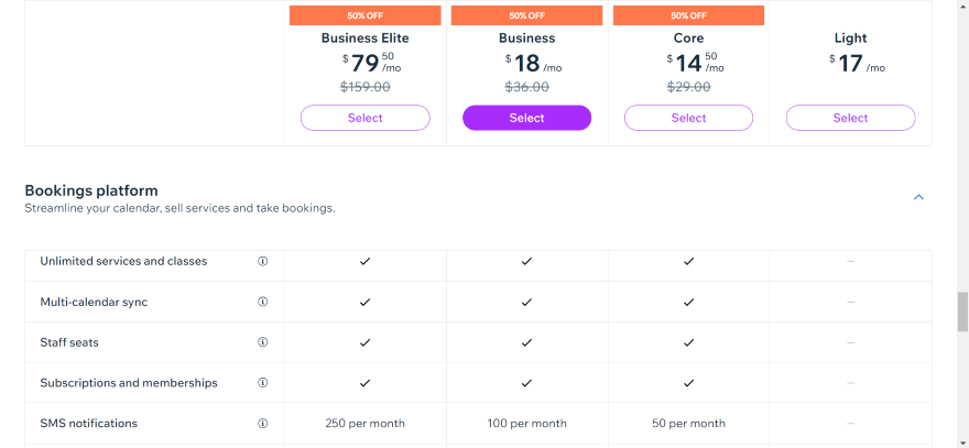 Wix Booking Pricing Screenshot of Wix Booking's pricing page.