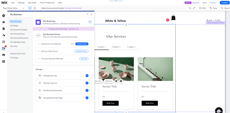 Wix booking a screenshot of the Wix editor showing booking settings with placeholder images of stairs and a tea set