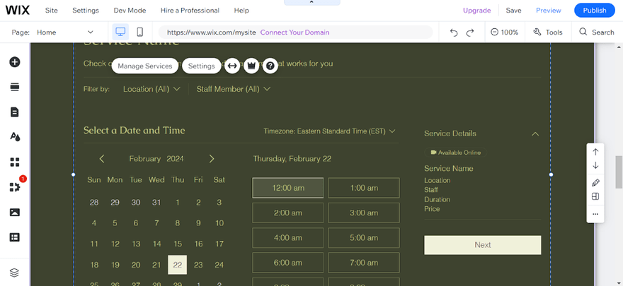Wix Bookings in editor Wix Bookings in action in the editor, with "Settings" and "Manage Services" buttons visible