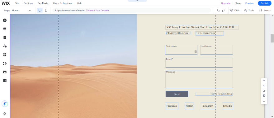 Wix Contact Form A serene desert landscape serving as the background for a contact form on a Wix website.