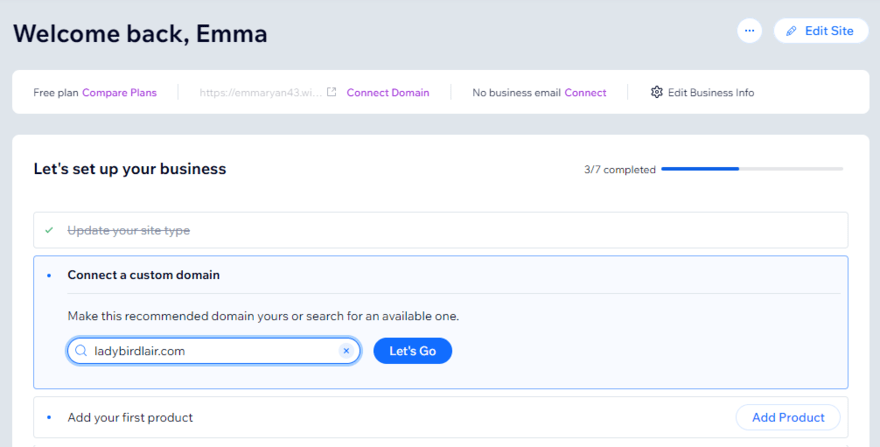 Wix dashboard connect domain Wix dashboard displaying the setup checklist with a step for connecting your domain name