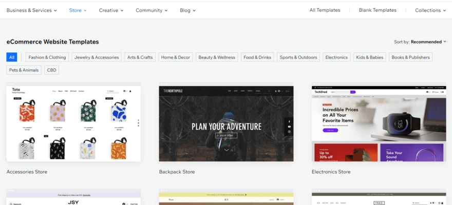 Wix ecommerce templates Wix's template library filtered to show ecommerce website templates
