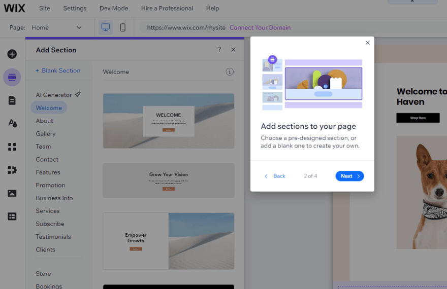 Wix editor support (2) Wix editor tutorial pop up showing how to add sections to your page