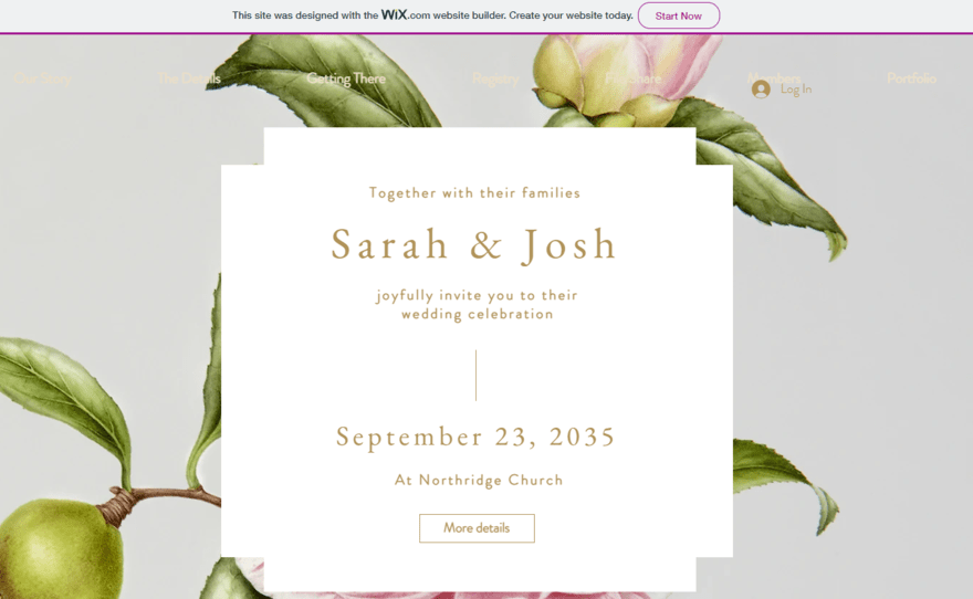 Wix free plan ads Free Wix website for a wedding, showing a free banner ad at the top of the homepage