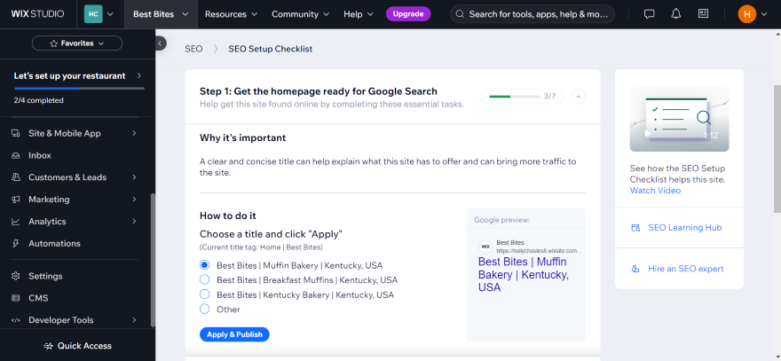 Wix Generated Title Tag SEO Review Step-by-step SEO setup checklist on a WIX dashboard screen, illustrating how to optimize meta titles for Google Search.