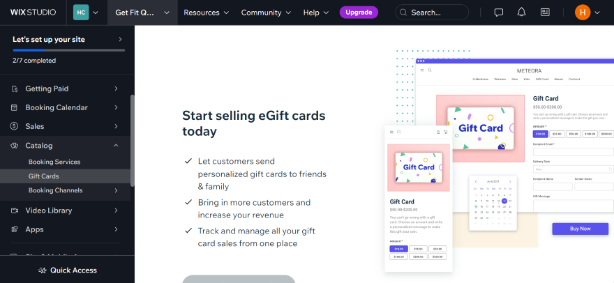 Wix Gift Cards Via Bookings Screenshot of Wix Booking's page on gift cards showcasing key features.