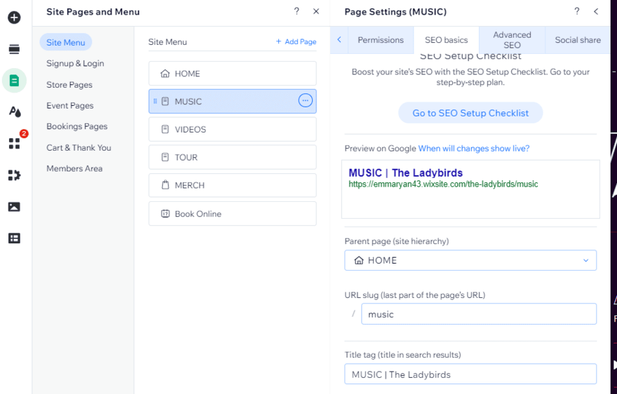 Wix page URL Wix editor showing the sidebar menu of page settings, with the page SEO settings on display