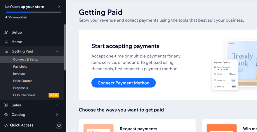 Wix payment methods Wix payments dashboard with a button to "connect payment methods"