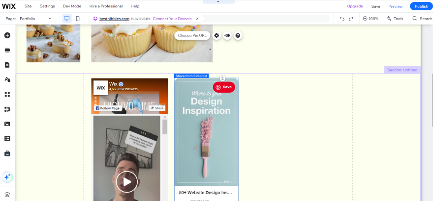 Wix Portfolio Page Social Feeds Screenshot of a user working within the Wix editor interface, showcasing social media feed features.