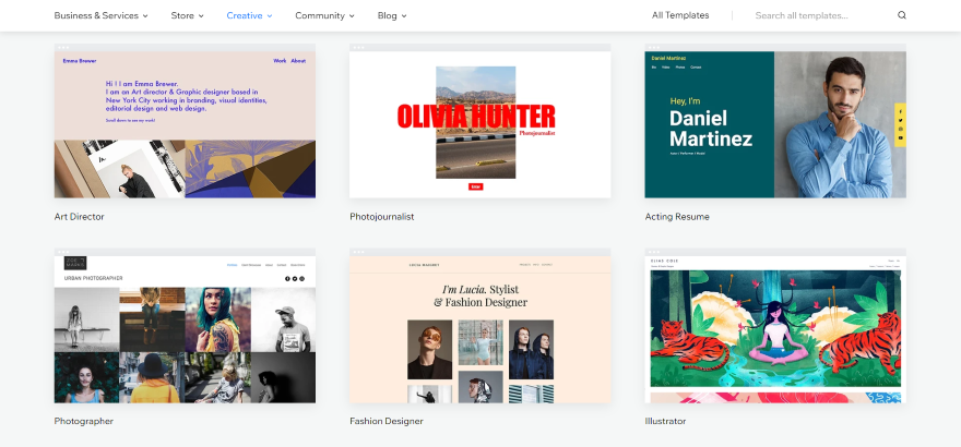 Wix Portfolio Wide Variety Templates A diverse selection of Wix website templates for various professions including art director, photojournalist, and fashion designer.