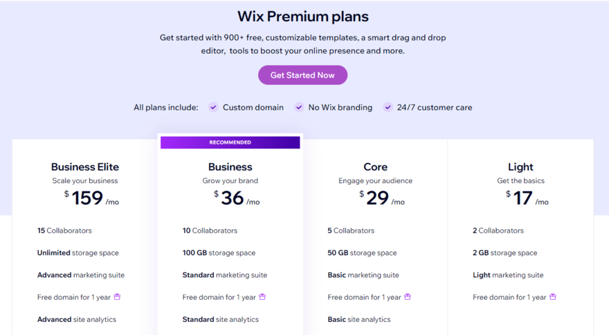 Wix premium plans Four Wix website builder price plans