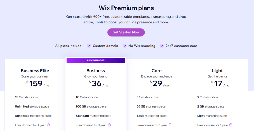 Wix pricing plans Four Wix website builder price plans