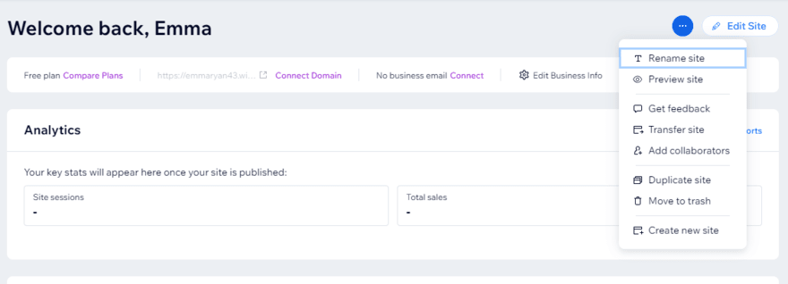 Wix rename site Wix dashboard showing a drop down menu with the option to rename your site