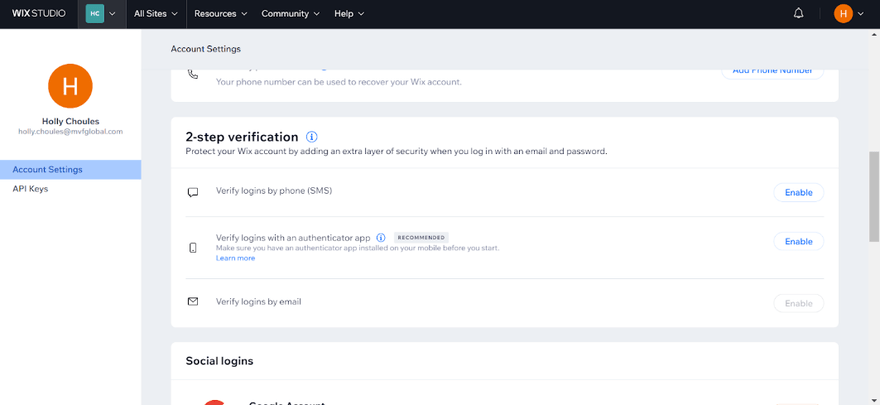 Wix security 2-step verification Wix security settings in the dashboard for setting up 2-step verification