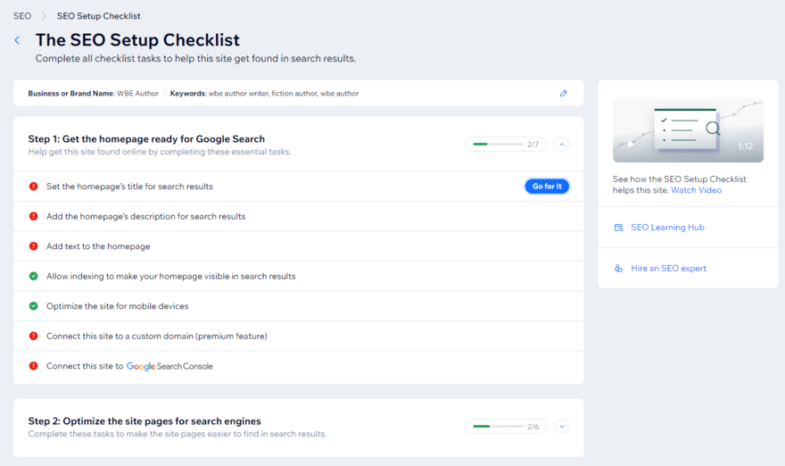 Wix SEO checklist Wix's SEO checklist for an author website