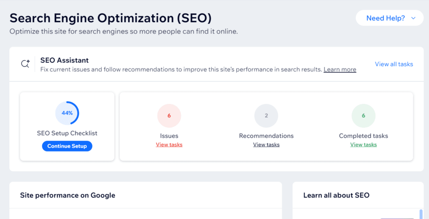 Wix SEO dashboard (1) Wix SEO dashboard