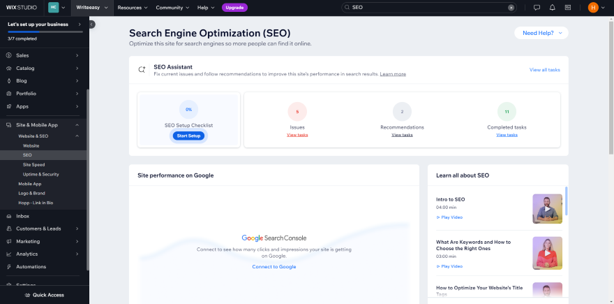 Wix SEO Dashboard Screenshot of Shopify's SEO optimization dashboard featuring tools for site performance and setup checklist.