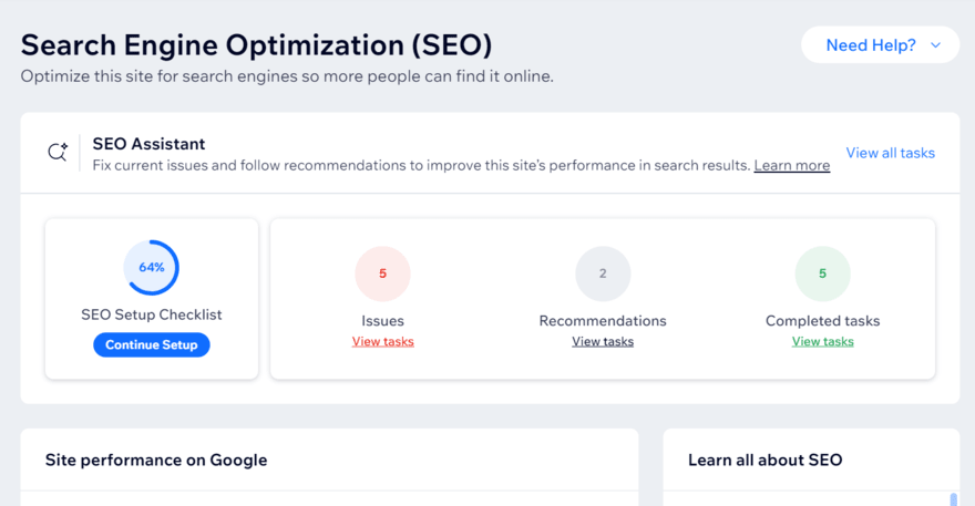 Wix SEO dashboard Wix SEO dashboard showing issues and recommendations