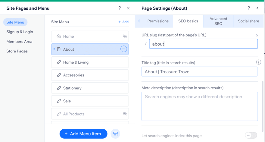 Wix SEO page settings (1) Wix's SEO page settings