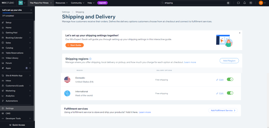 Wix Shipping Zones Screenshot of Wix's Shipping and Delivery section of the dashboard.