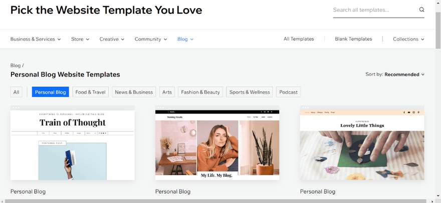 Wix template results for personal blog filter Three Wix template results in the template library for "Personal Blog" filter