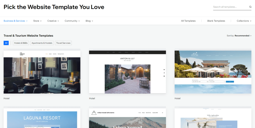 Wix templates Wix's template library showing travel-related themes