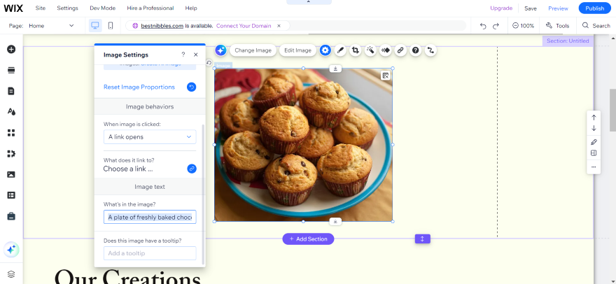 Wix Website Alt Text SEO Review A plate of freshly baked chocolate chip muffins on a table, showcasing Wix alt text feature.