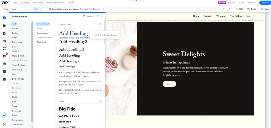 Wix Website Builder Example Screenshot of Wix's website builder with an example of headings and text sizes.