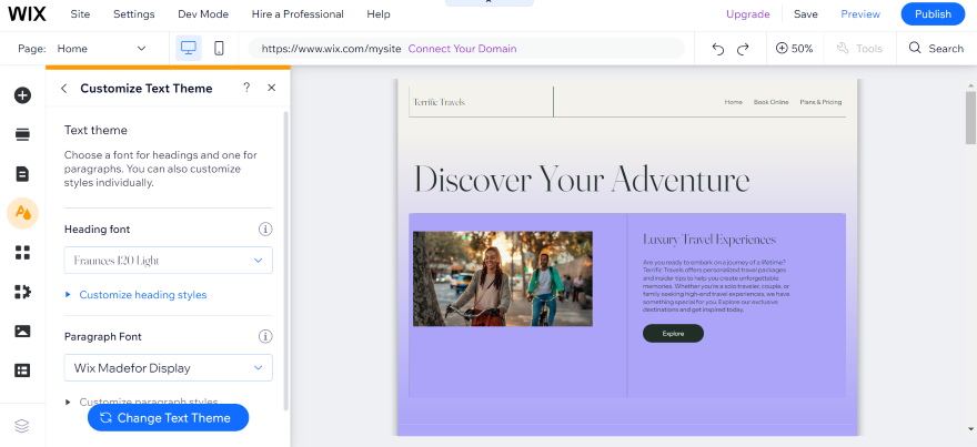 Wix Website Editor Font Wix editor in action, changing the font in settings
