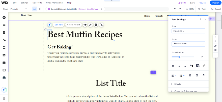 Wix Website Headings SEO Review A screenshot showcasing how to customize headings in the Wix Editor, with an example of 'Best Muffin Recipes' heading.