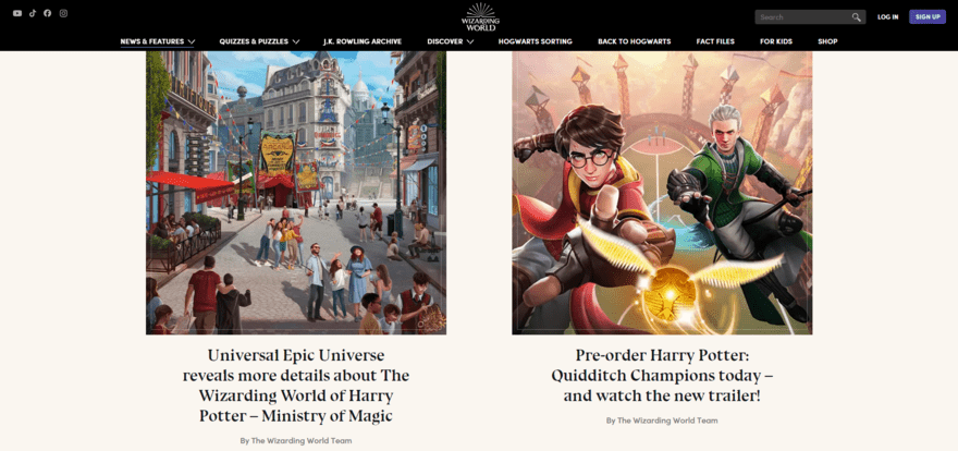 Wizarding Word Wizarding World website showing the title and featured image of two news articles