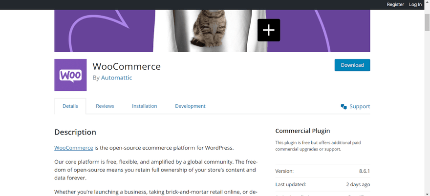 WooCommerce plugin for WordPress Plugin page for WooCommerce showing description, version, and download button