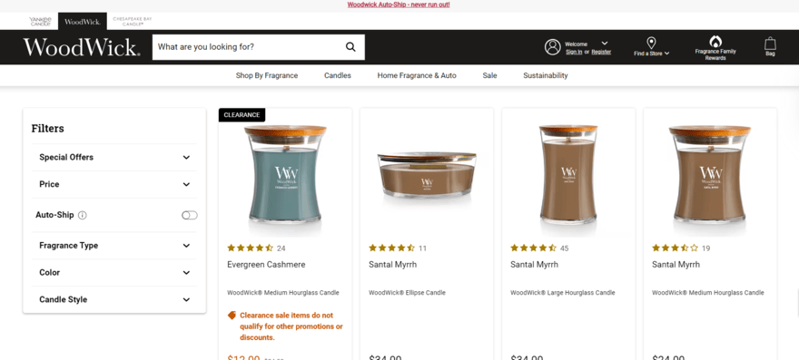 Woodwick Candles WoodWick candles website showing products