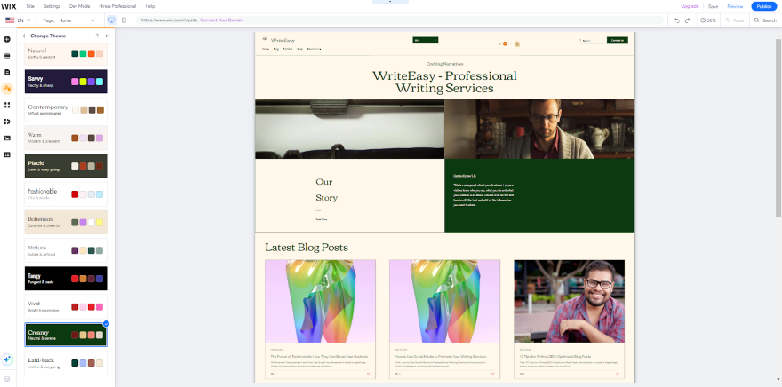 WordPress Alt Wix ADI Website Screenshot of 'WriteEasy - Professional Writing Services' website homepage featuring a navigation menu, company logo, and the latest blog posts.