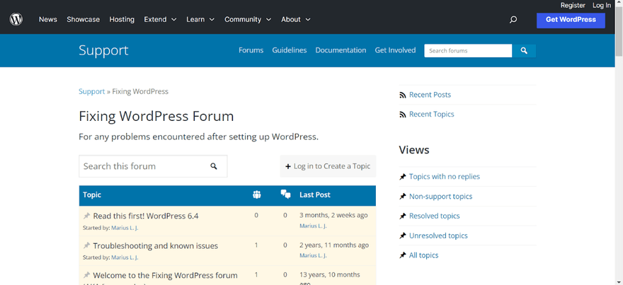 WordPress community forum support WordPress commuity forum showing support posts