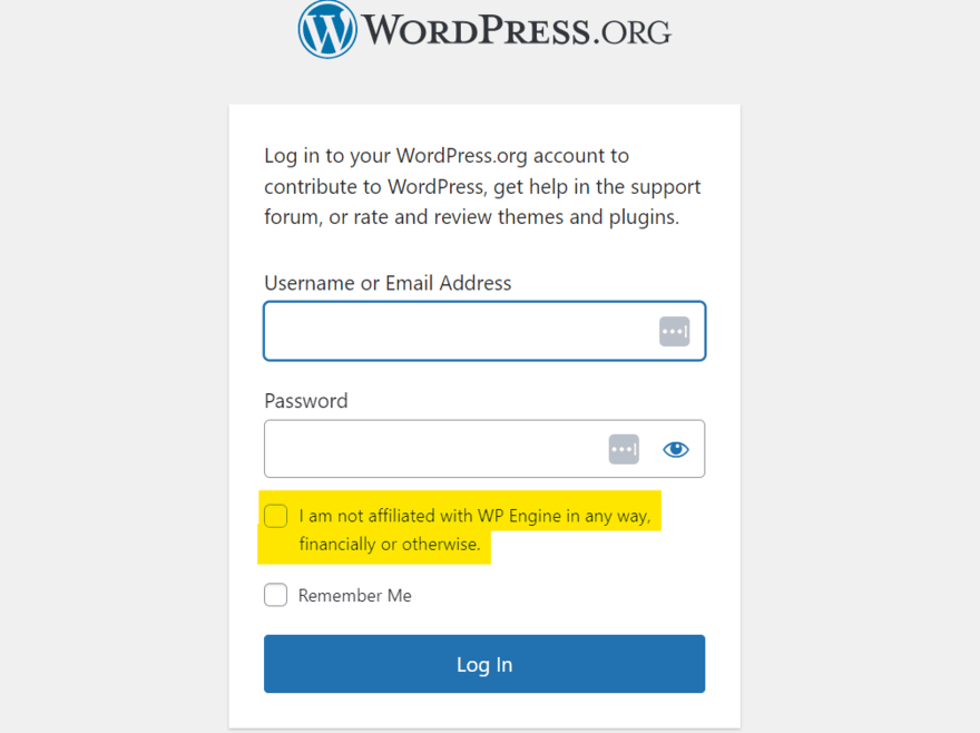 WordPress login WordPress contributor login page with a highlight over the new checkbox