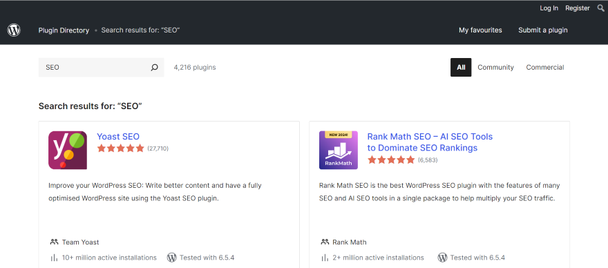 WordPress Plugin Directory SEO Screenshot of WordPress' plugin directory showcasing two SEO plugins