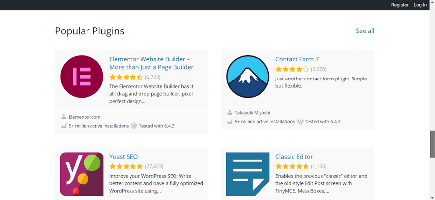 WordPress plugin directory Four popular plugins showign in the WordPress plugin directory