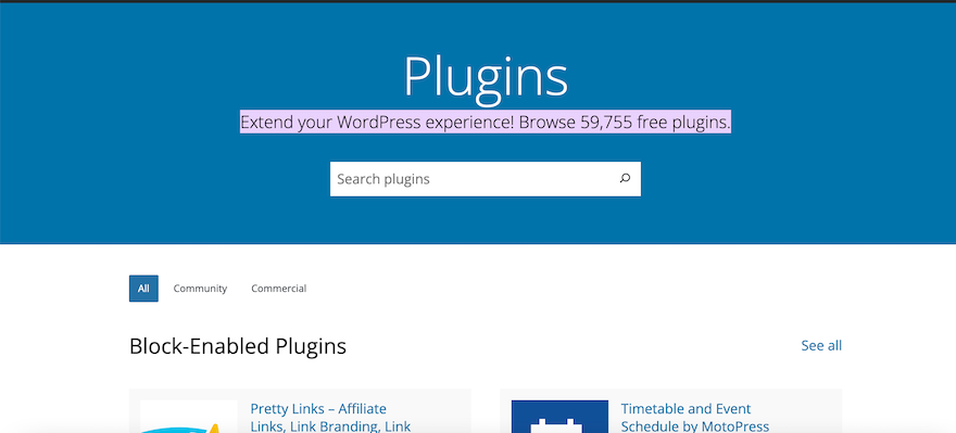 WordPress Plugins WordPress Plugin search page showing a search bar above a few plugin examples.