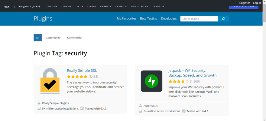 WordPress security plugins Two WordPress security plugins in the plgin directory - Realy Simple SSL and Jetpack WP Security