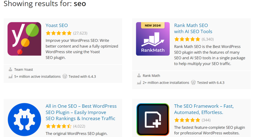 WordPress SEO plugin results Plugin results on WordPress for search term "SEO"