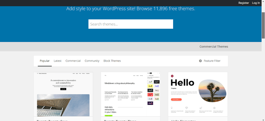 WordPress theme library Three themes in the WordPress theme library