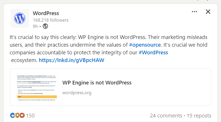 WordPress WP Engine LinkedIn post LinkedIn post by WordPress sharing a blog post called "WP Engine is not WordPress"