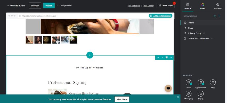 WP Alternatives Goad Screenshot of a GoDaddy Hairdressing website generated by its AI tool.